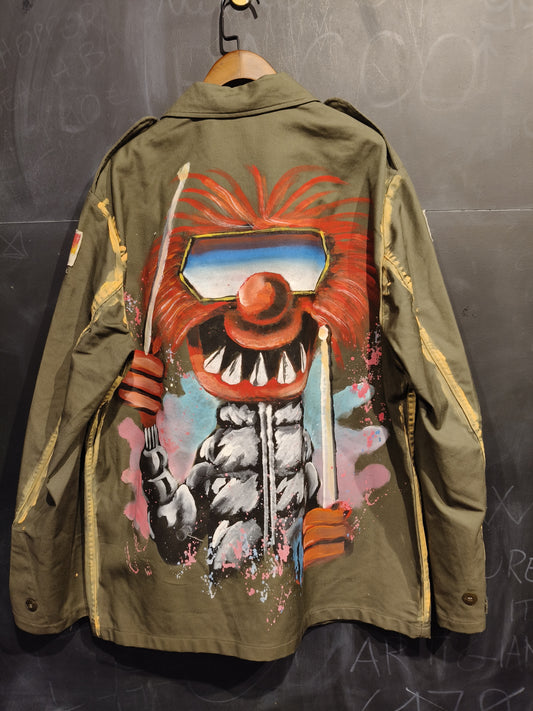Giacca Vintage Militare dipinta a mano.Tg L NOTPRINTED. Muppet. Pezzo unico nr 5125